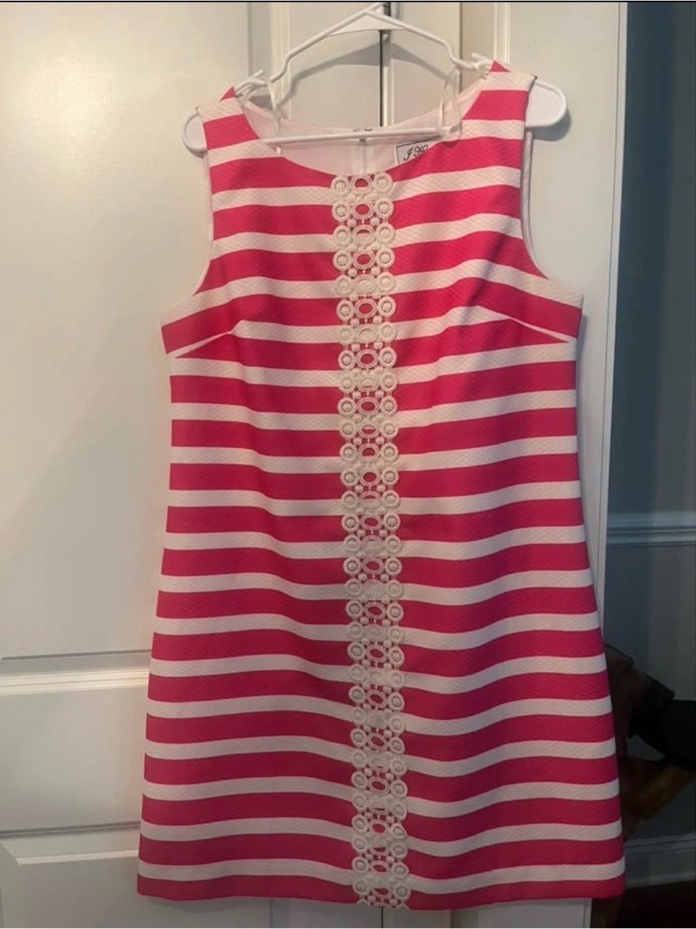 Sleeveless Pink & White Striped Shift Dress with Lace Trim